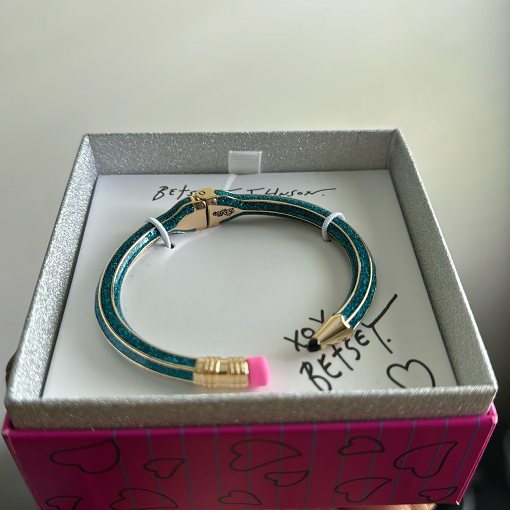 Betsey Johnson teal and gold pencil hinged bracelet
